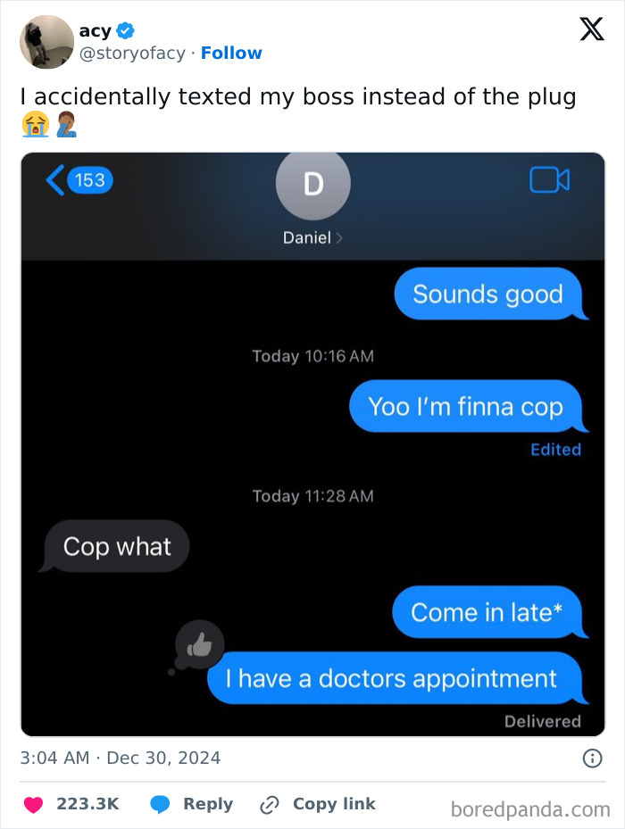 Twitter screenshot about texting mix-up with boss during January.