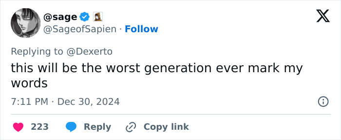 Tweet criticizing Generation Beta with a prediction of it being the "worst generation ever. Tweet criticizing Generation Beta with a prediction of it being the "worst generation ever.