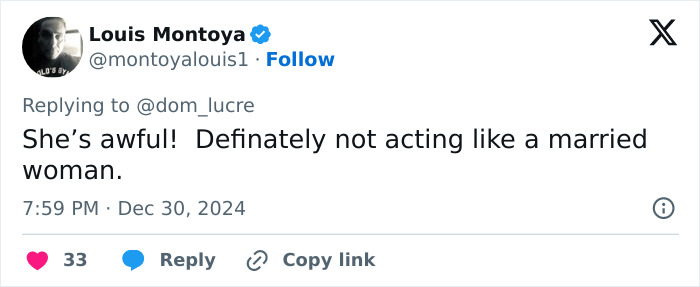 Tweet from user @montoyalouis1 criticizing a married woman for inappropriate behavior on stage. Tweet from user @montoyalouis1 criticizing a married woman for inappropriate behavior on stage.
