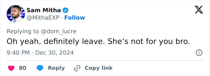 Sam Mitha’s tweet about wife kissing singer and a husband's response, December 2024. Sam Mitha’s tweet about wife kissing singer and a husband's response, December 2024.