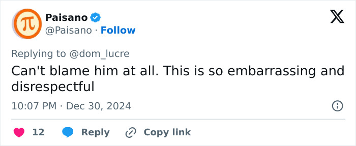 Comment on divorce after wife kisses singer; user finds it embarrassing and disrespectful. Comment on divorce after wife kisses singer; user finds it embarrassing and disrespectful.