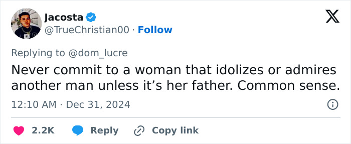 Tweet by Jacosta about idolizing men, with engagement metrics shown. Tweet by Jacosta about idolizing men, with engagement metrics shown.