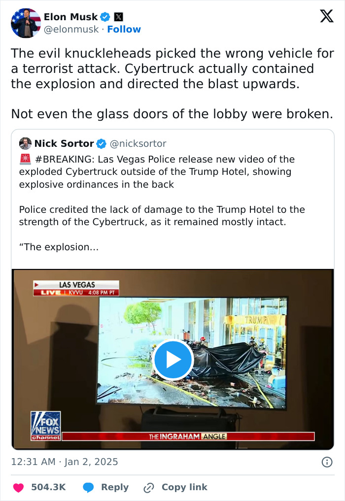 Elon Musk tweets about Cybertruck explosion containment outside a hotel, emphasizing its resilience to damage. Elon Musk tweets about Cybertruck explosion containment outside a hotel, emphasizing its resilience to damage.