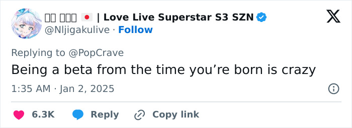 Tweet humorously commenting on Generation Beta with the text “Being a beta from the time you’re born is crazy.” Tweet humorously commenting on Generation Beta with the text “Being a beta from the time you’re born is crazy.”