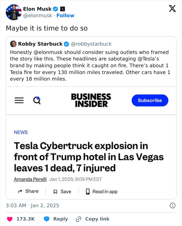 Elon Musk reacts to a tweet discussing Tesla Cybertruck explosion-related headlines. Elon Musk reacts to a tweet discussing Tesla Cybertruck explosion-related headlines.