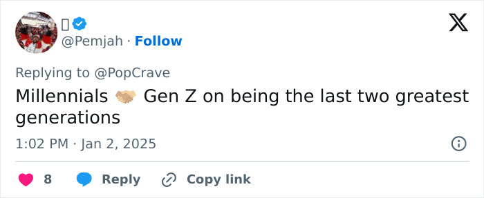 Tweet by user @Pemjah about Millennials and Gen Z as greatest generations, with engagement icons below. Tweet by user @Pemjah about Millennials and Gen Z as greatest generations, with engagement icons below.