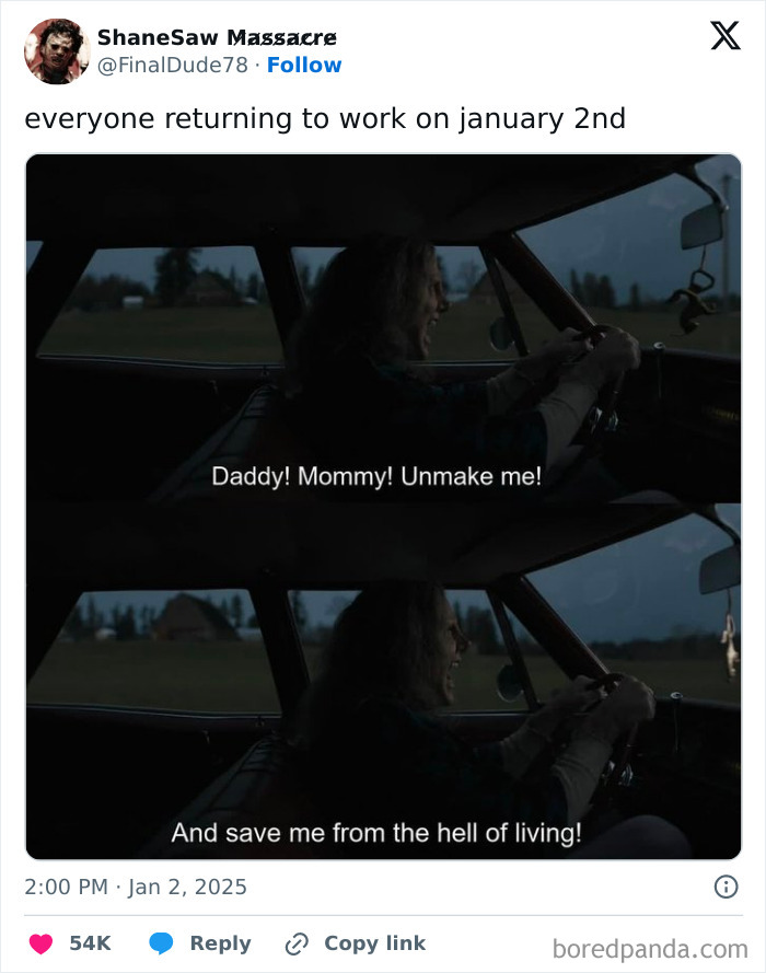 Person driving in a dark car, captioned about returning to work, reflecting funny tweets about January's struggle.