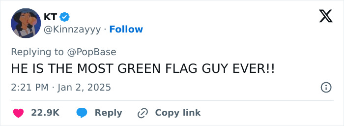 Tweet praising Tom Holland as a "green flag guy," with engagement metrics visible. Tweet praising Tom Holland as a "green flag guy," with engagement metrics visible.