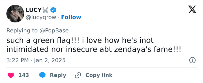 Tweet discussing Tom Holland as a "green flag" regarding Zendaya's fame. Tweet discussing Tom Holland as a "green flag" regarding Zendaya's fame.