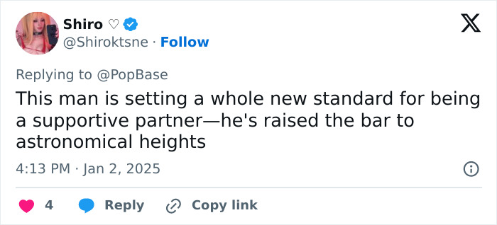 Tweet praising a supportive partner, described as a "green flag guy," setting high standards in relationships. Tweet praising a supportive partner, described as a "green flag guy," setting high standards in relationships.