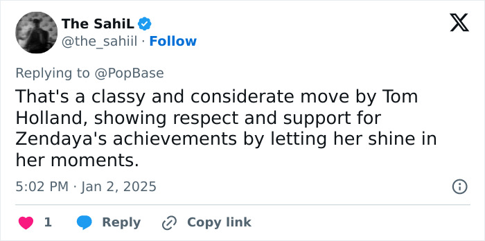 Tweet praising Tom Holland's respectful choice highlighting Zendaya's achievements, reinforcing his "green flag" status. Tweet praising Tom Holland's respectful choice highlighting Zendaya's achievements, reinforcing his "green flag" status.