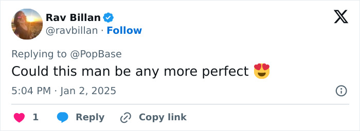 Tweet screenshot discussing admiration for a man, featuring user interaction options below the text. Tweet screenshot discussing admiration for a man, featuring user interaction options below the text.