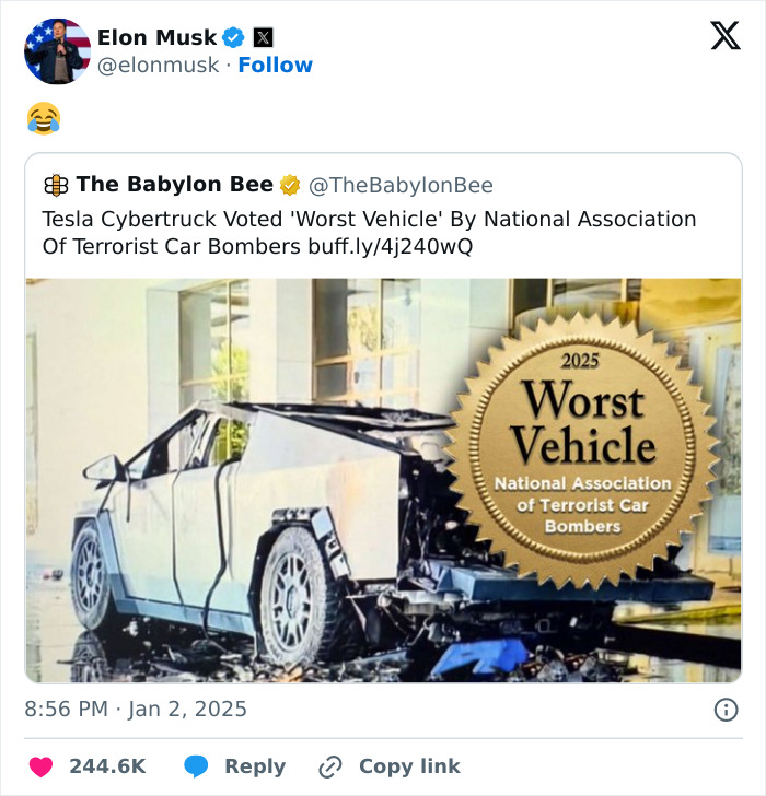 Cybertruck meme shared by Elon Musk, with a joke award for 'Worst Vehicle' displayed. Cybertruck meme shared by Elon Musk, with a joke award for 'Worst Vehicle' displayed.