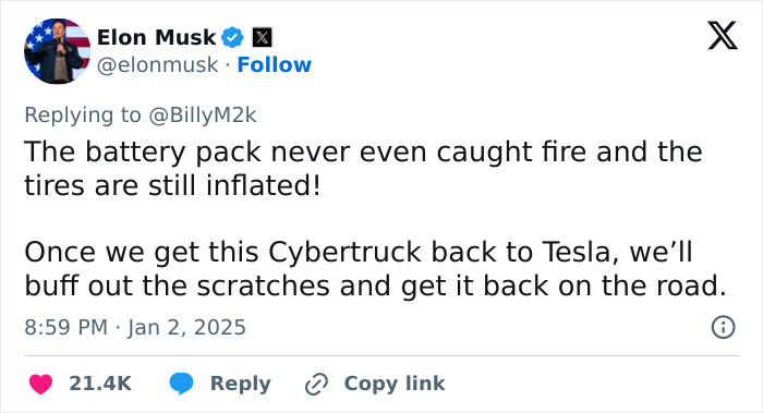 Elon Musk's tweet about the Cybertruck, discussing battery safety and future repairs after an incident. Elon Musk's tweet about the Cybertruck, discussing battery safety and future repairs after an incident.