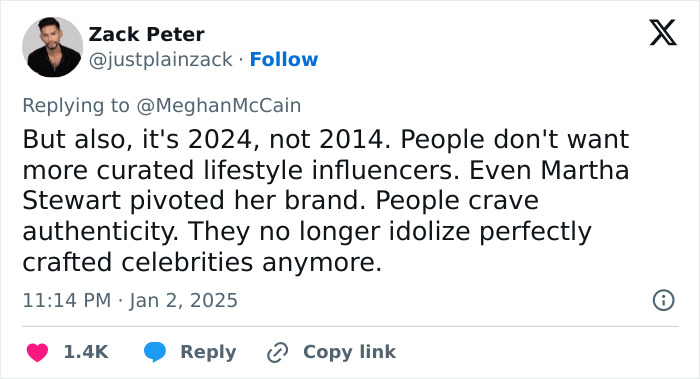 Zack Peter tweets about lifestyle influencers lacking authenticity in 2024. Zack Peter tweets about lifestyle influencers lacking authenticity in 2024.