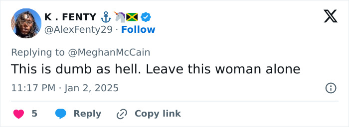 Tweet responding to criticism of Meghan Markle's lifestyle series, calling criticism "dumb" and advocating to leave her alone. Tweet responding to criticism of Meghan Markle's lifestyle series, calling criticism "dumb" and advocating to leave her alone.