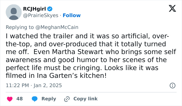 Tweet criticizing Meghan Markle's lifestyle series as artificial and over-produced. Tweet criticizing Meghan Markle's lifestyle series as artificial and over-produced.