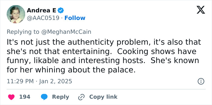 Tweet criticizing Meghan Markle's lifestyle series as inauthentic and not entertaining, mentioning palace complaints. Tweet criticizing Meghan Markle's lifestyle series as inauthentic and not entertaining, mentioning palace complaints.