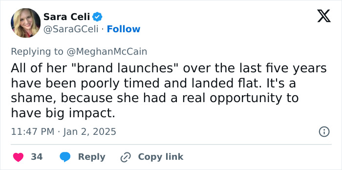 Tweet criticizing Meghan Markle's lifestyle series, mentions poorly timed brand launches and missed opportunities. Tweet criticizing Meghan Markle's lifestyle series, mentions poorly timed brand launches and missed opportunities.