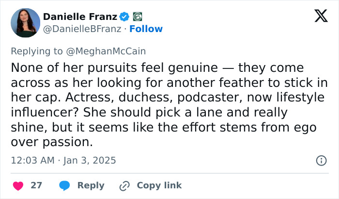 Tweet criticizing Meghan Markle's lifestyle series as "tone deaf," questioning her sincerity across various roles. Tweet criticizing Meghan Markle's lifestyle series as "tone deaf," questioning her sincerity across various roles.