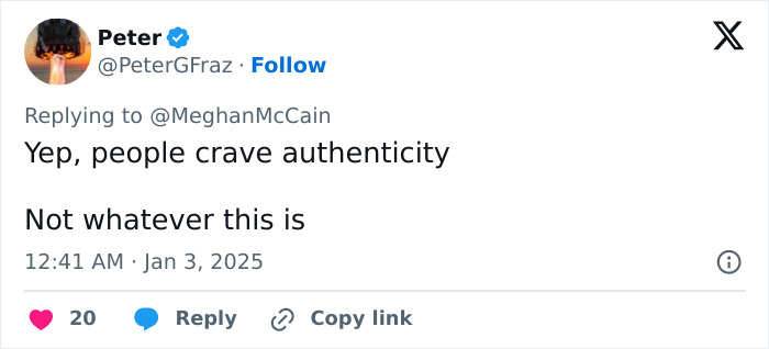 Tweet criticizing Meghan Markle's lifestyle series as tone deaf, stating "people crave authenticity. Tweet criticizing Meghan Markle's lifestyle series as tone deaf, stating "people crave authenticity.