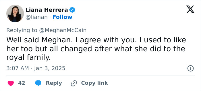 Tweet criticizing Meghan Markle's lifestyle series as tone deaf, expressing a change of opinion about her. Tweet criticizing Meghan Markle's lifestyle series as tone deaf, expressing a change of opinion about her.