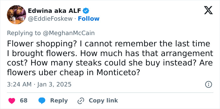 Tweet criticizing Meghan Markle's lifestyle series as tone-deaf, questioning flower shopping expenses. Tweet criticizing Meghan Markle's lifestyle series as tone-deaf, questioning flower shopping expenses.