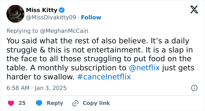 Tweet criticizing Meghan Markle's lifestyle series as tone deaf and out of touch, mentioning #cancelNetflix. Tweet criticizing Meghan Markle's lifestyle series as tone deaf and out of touch, mentioning #cancelNetflix.