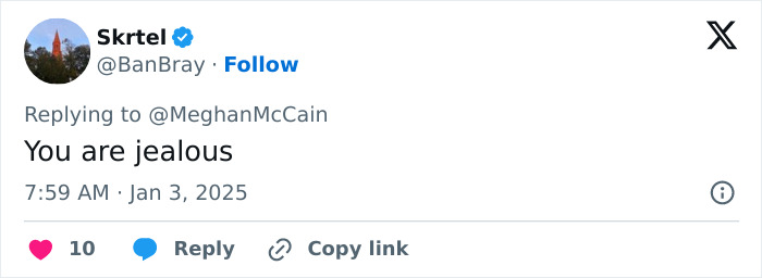 Tweet response to Meghan McCain criticizing Meghan Markle's lifestyle series, stating "You are jealous. Tweet response to Meghan McCain criticizing Meghan Markle's lifestyle series, stating "You are jealous.