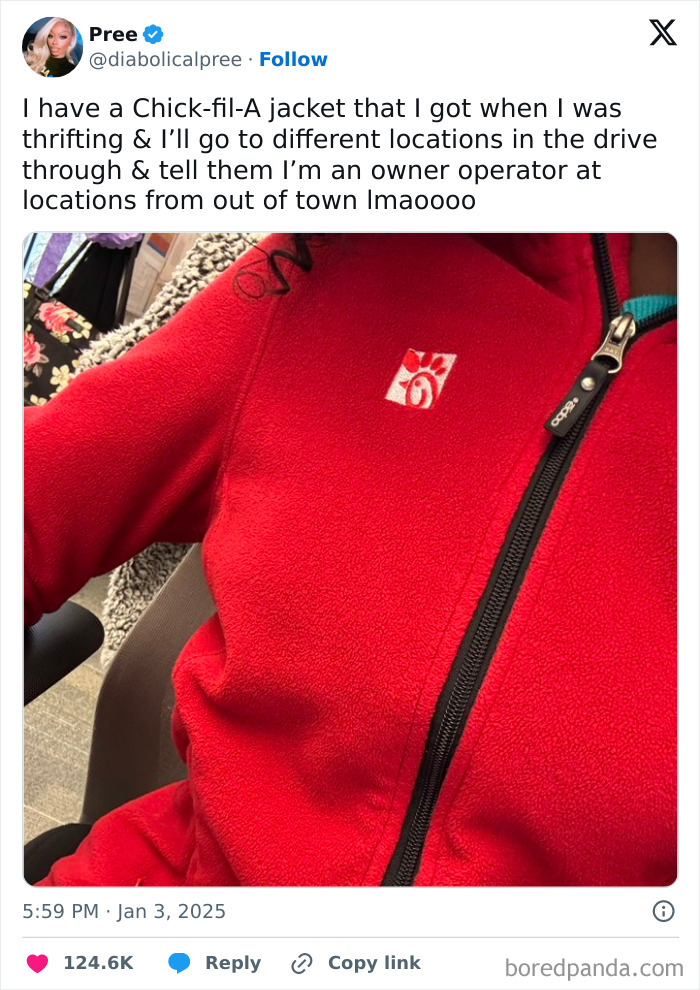Red Chick-fil-A jacket from thrift store featured in funny tweet that helped people survive January.