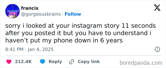 Funny tweet about constant phone use in January, with 212.4K likes, discussing Instagram story viewing habits.