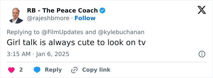Tweet by RB - The Peace Coach discussing "girl talk" being cute on TV. Tweet by RB - The Peace Coach discussing "girl talk" being cute on TV.