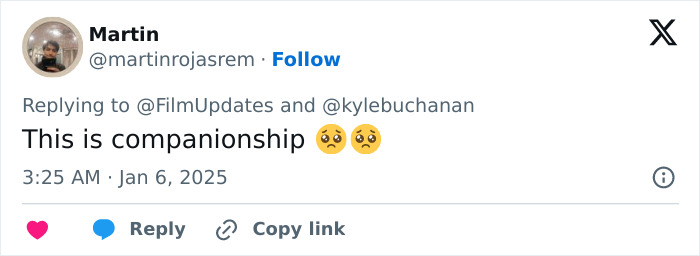 Tweet by Martin commenting on Jodie Foster with emotional face emojis, timestamped January 6, 2025. Tweet by Martin commenting on Jodie Foster with emotional face emojis, timestamped January 6, 2025.