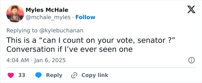 Tweet by Myles McHale replying to Kyle Buchanan about a conversation with a senator. Tweet by Myles McHale replying to Kyle Buchanan about a conversation with a senator.