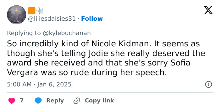 Tweet about Nicole Kidman's behavior towards Jodie Foster, referencing an award and Sofia Vergara. Tweet about Nicole Kidman's behavior towards Jodie Foster, referencing an award and Sofia Vergara.