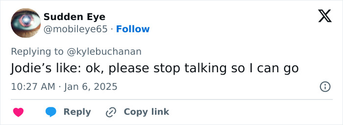 Tweet referencing Nicole Kidman, urging "stop talking" for Jodie Foster interaction. Tweet referencing Nicole Kidman, urging "stop talking" for Jodie Foster interaction.