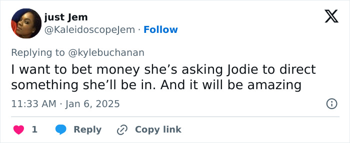 Tweet speculating on Nicole Kidman's behavior toward Jodie Foster, discussing a potential directing role. Tweet speculating on Nicole Kidman's behavior toward Jodie Foster, discussing a potential directing role.