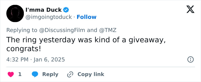 Tweet congratulating Zendaya and Tom Holland on their engagement. Tweet congratulating Zendaya and Tom Holland on their engagement.