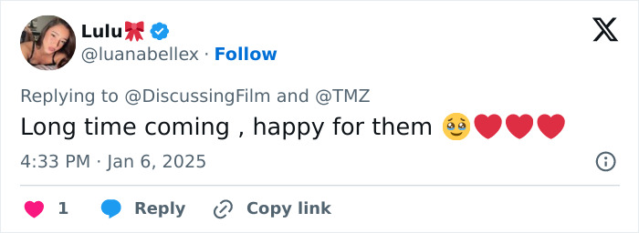 Tweet congratulating Zendaya and Tom Holland on their engagement, shared by user Lulu. Tweet congratulating Zendaya and Tom Holland on their engagement, shared by user Lulu.