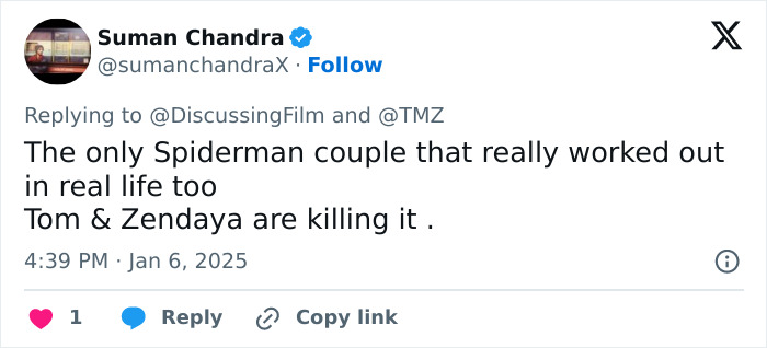 Suman Chandra tweets about Zendaya and Tom Holland's relationship success on January 6, 2025. Suman Chandra tweets about Zendaya and Tom Holland's relationship success on January 6, 2025.