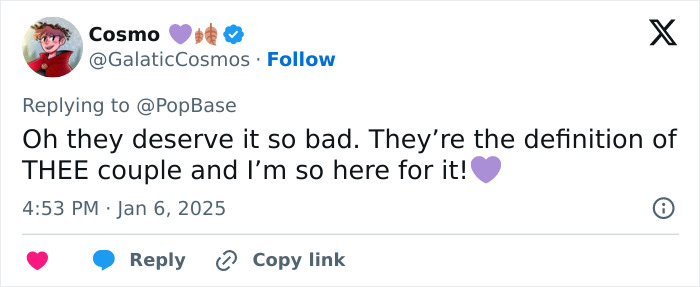 Tweet expressing excitement about a couple, with purple heart emojis and positive affirmation. Tweet expressing excitement about a couple, with purple heart emojis and positive affirmation.