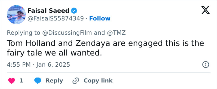 "Tweet about Zendaya and Tom Holland engagement news from Faisal Saeed. "Tweet about Zendaya and Tom Holland engagement news from Faisal Saeed.