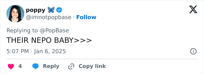 Tweet by user poppy, replying to PopBase, reads: "THEIR NEPO BABY>>>" with engagement details. Tweet by user poppy, replying to PopBase, reads: "THEIR NEPO BABY>>>" with engagement details.
