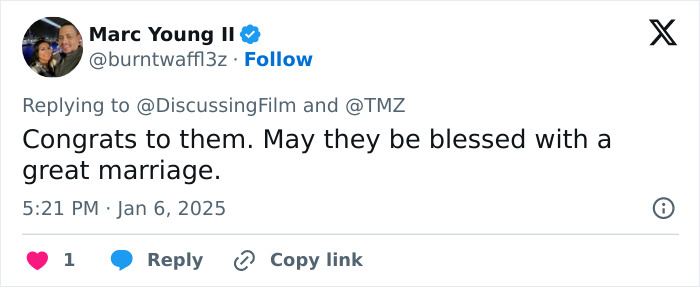 Tweet congratulating Zendaya and Tom Holland on their engagement and wishing them a great marriage. Tweet congratulating Zendaya and Tom Holland on their engagement and wishing them a great marriage.
