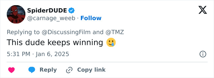 Tweet screenshot with SpiderDude commenting "This dude keeps winning" in response to news about Zendaya and Tom Holland engagement. Tweet screenshot with SpiderDude commenting "This dude keeps winning" in response to news about Zendaya and Tom Holland engagement.