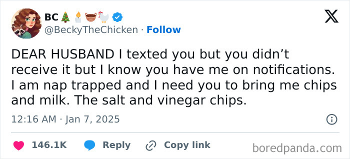 Funny tweet about being nap trapped, requesting salt and vinegar chips and milk from husband.