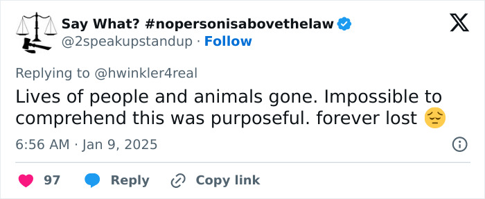 Tweet expressing sorrow over LA wildfires' impact, questioning intentionality and referencing Henry Winkler’s theory. Tweet expressing sorrow over LA wildfires' impact, questioning intentionality and referencing Henry Winkler’s theory.
