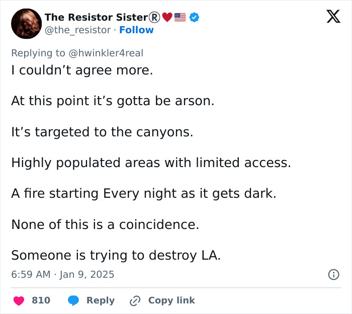 Tweet discussing arson, LA wildfires, and Henry Winkler's theory about the events being targeted. Tweet discussing arson, LA wildfires, and Henry Winkler's theory about the events being targeted.
