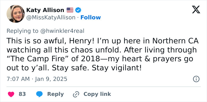 Tweet by Katy Allison expressing concern over LA wildfires, mentioning Northern CA chaos and sending prayers and safety wishes. Tweet by Katy Allison expressing concern over LA wildfires, mentioning Northern CA chaos and sending prayers and safety wishes.