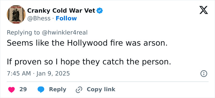 Tweet discussing Hollywood fire possibly being arson, aligning with Henry Winkler's theory about LA wildfires. Tweet discussing Hollywood fire possibly being arson, aligning with Henry Winkler's theory about LA wildfires.